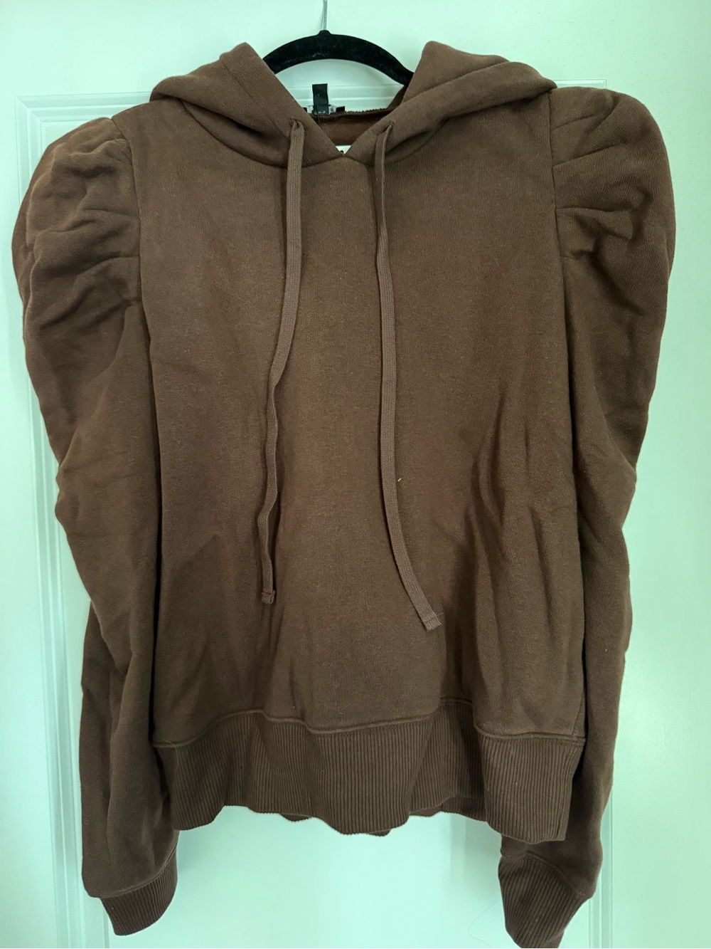 Express Women's Brown Hooded Puff-Sleeve Sweatshirt